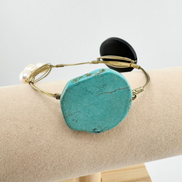 Bohemian Wire Wrapped Bracelet Turquoise Color Stone Wood Faux Pearl Bangle - Picture 4 of 9